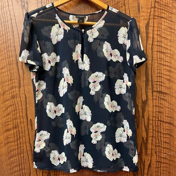 Ann taylor navy floral chiffon keyhole neck short sleeve blouse top - Picture 2 of 7